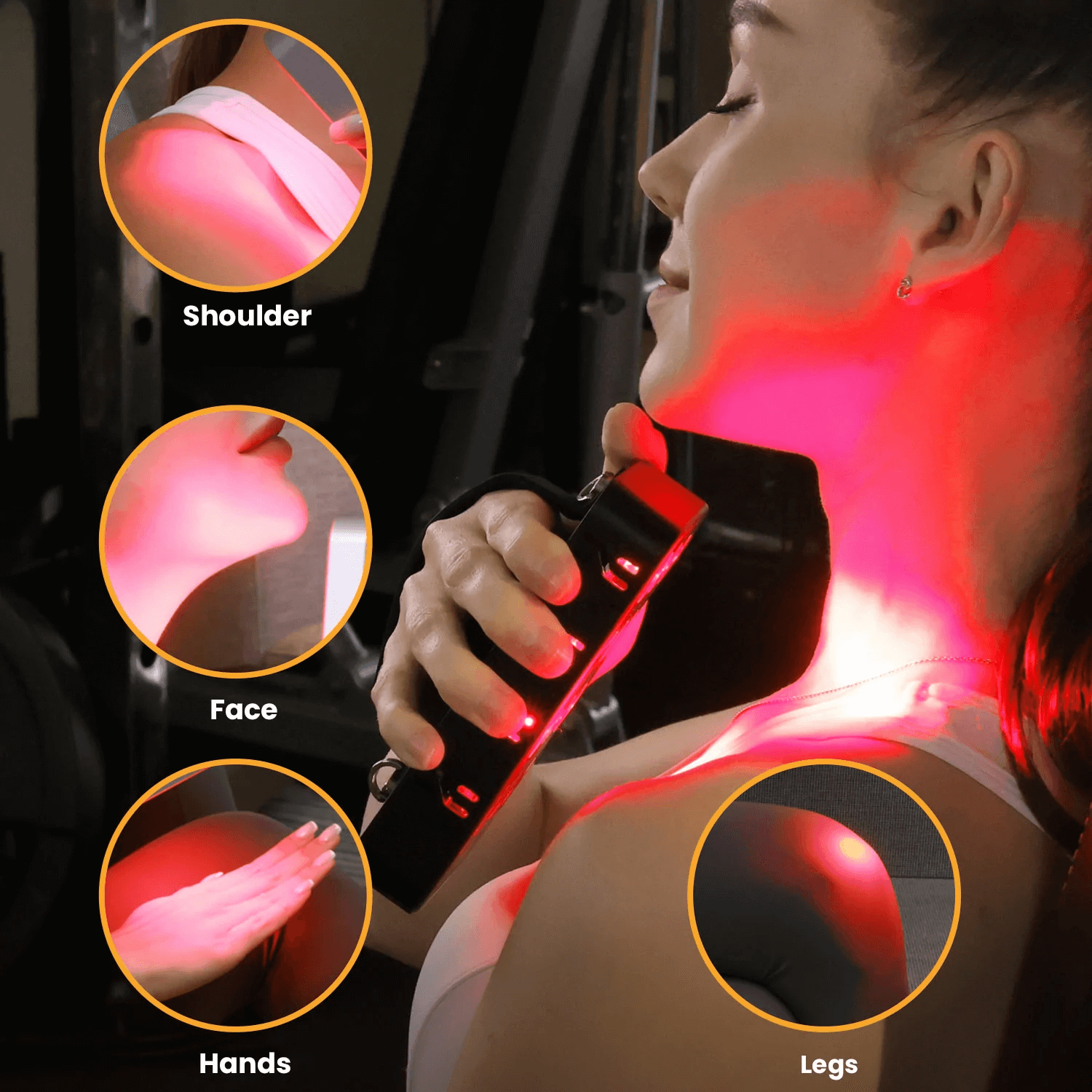 K2 Mini Light shown in use on shoulder, face, hands, and legs for effective red light therapy.