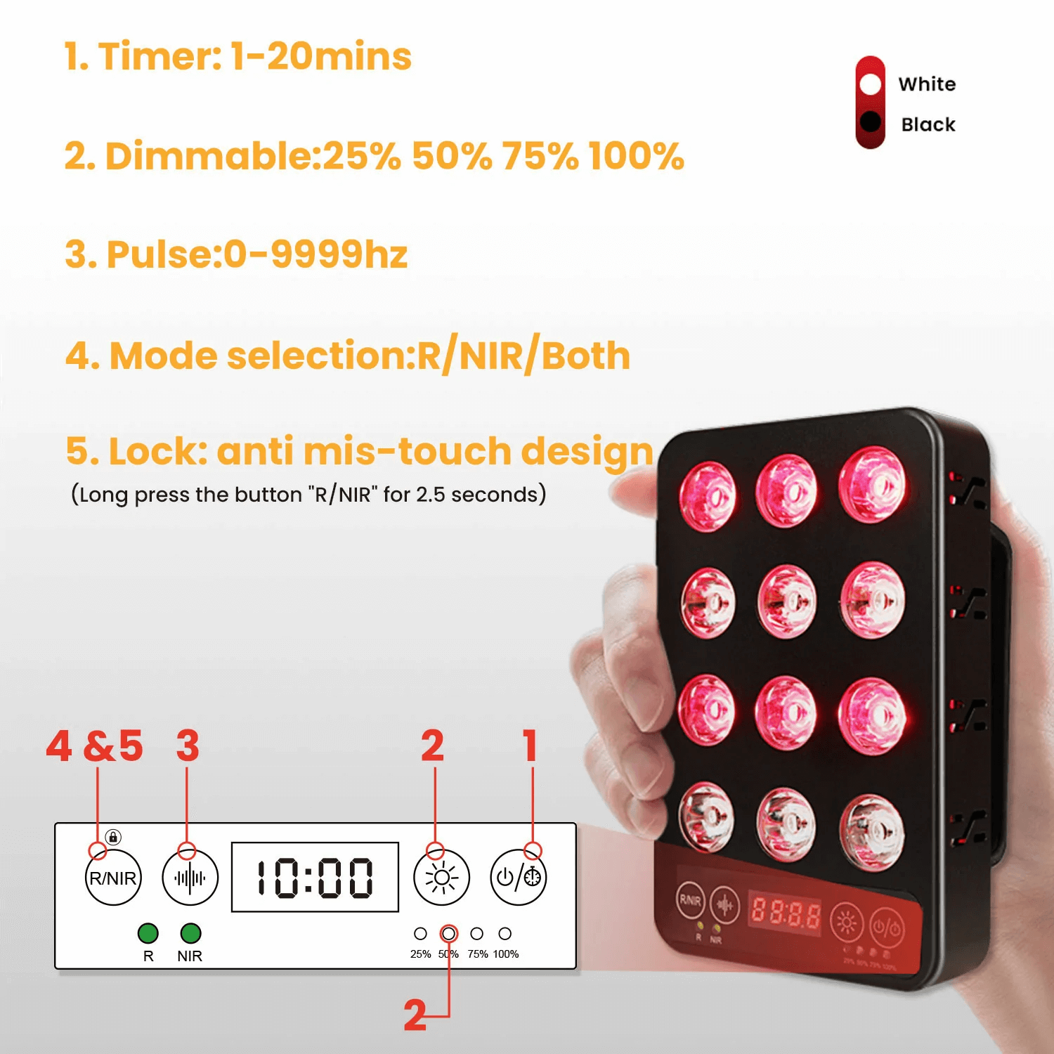 K2 Mini Light features, including timer, dimmable settings, pulse options, mode selection, and anti mis-touch design.
