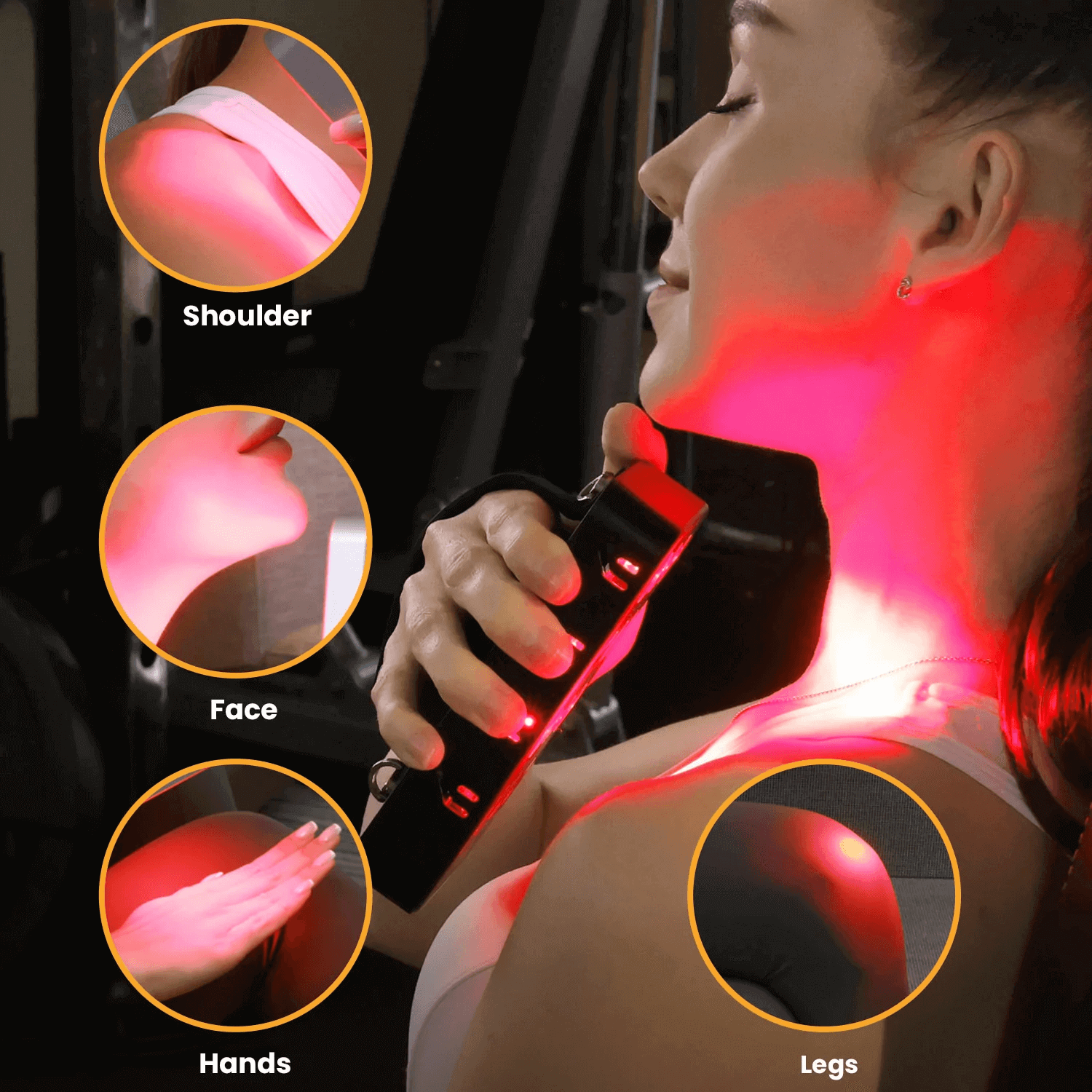 Image showing red light therapy benefits Canada on various body parts: shoulder, face, hands, and legs.